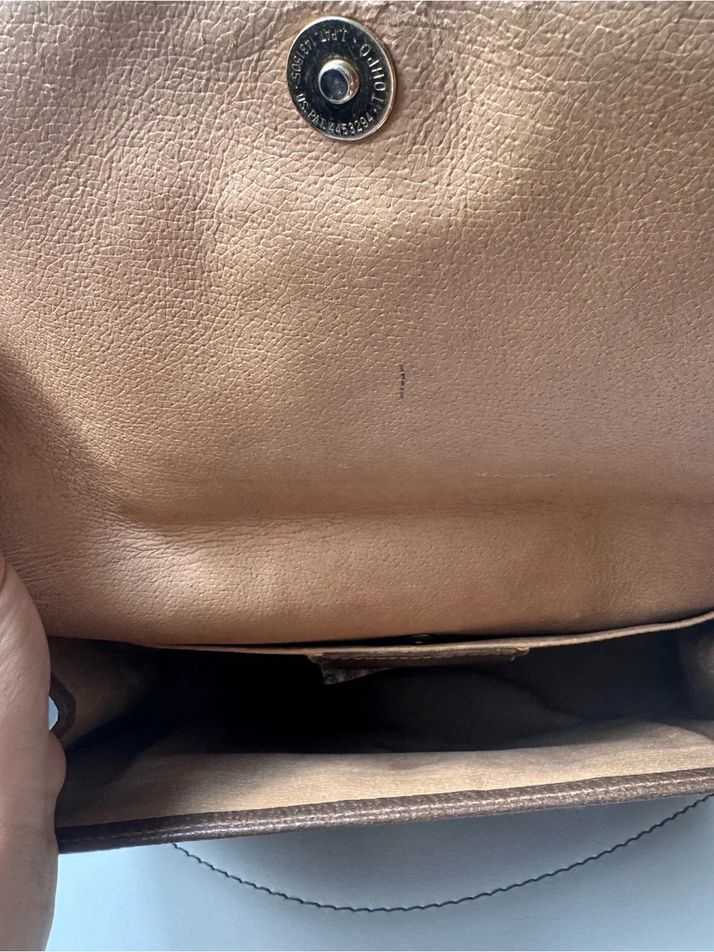 Gucci Beige GG Monogram Canvas Clutch with Brown Leather Trim and Green-Red Web